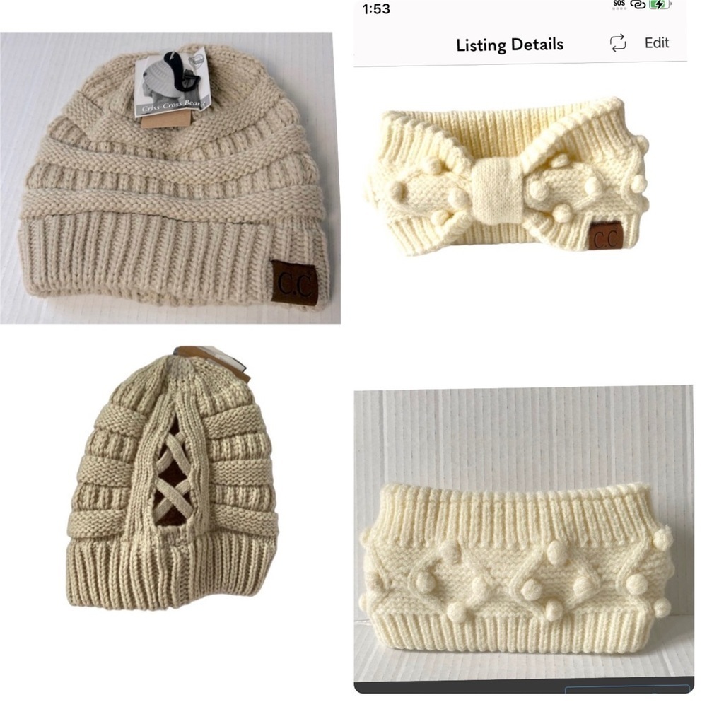 C.c BEANIE BUBBLE KNIT CHUNKY HEADBAND & SOFT CABLE KNIT HIGH BUN PONYTAIL HAT